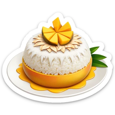 Mango Sticky Rice Cinematic Realistic Mango Sticky Rice Dessert Emoji, depicted as sticky rice drizzled with coconut milk topped with a layer of coconut cream, accompanied by sliced mango on the side of the plate, rendered with vivid textures and warm, tropical lighting. sticker