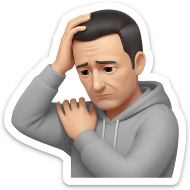 A man who is depressed with his left arm draped over the top of his head so the inside of his left elbow is on the very top of his head where hair grows from and his left hand is touching his right shoulder sticker