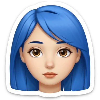 Chica de rostro ovalado, ojos grandes y almendrados café oscuro, cejas gruesas, nariz recta y labios llenos. Cabello lacio, oscuro, a media melena, con fleco lateral y un mechón celeste al frente. Piel de tono medio con mejillas sonrojadas. sticker