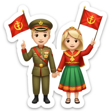 Happy Victory day। A banner is standing with a boy on one side and a girl on the other. sticker
