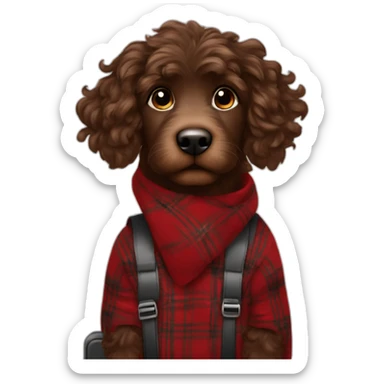Chocolate colored doodle with wavy hair wearing a red and black flannel handkerchief with a carryon suitcase sticker