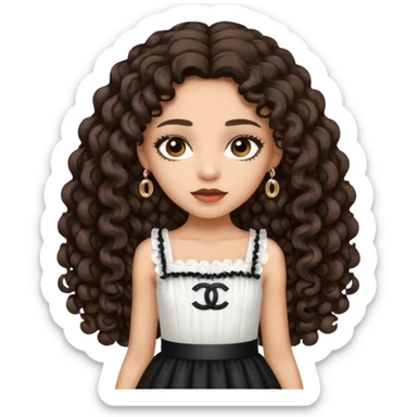 Light skin girl with dark brown very long curly hair, dark brown eyes, white Chanel dress  sticker