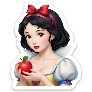 Cinematic Realistic Snow White Portrait, depicted with lifelike skin texture, soft natural lighting, and intricately detailed black hair styled with a red ribbon. Her soft brown eyes radiate innocence and kindness, complemented by a warm, gentle smile. She holds an apple in one hand, her other hand resting against her cheek, embodying her purity and charm. She is dressed in her classic yellow, blue, and red gown, the fabric rich in texture with delicate folds that catch the light beautifully. The portrait features a soft, natural glow with a radiant finish, capturing the essence of timeless beauty in a realistic and painterly style. sticker