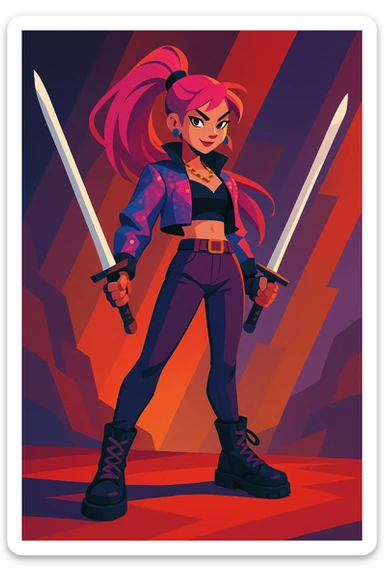 Zoey, K-pop star and demon hunter, dual swords, dramatic lighting, confident stance, modern fantasy style sticker
