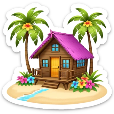 Hawaiian beach house, small tropical house, wooden walls, thatched roof, colorful flowers, palm trees, cute mobile game icon, 3D cartoon, bright colors, soft shadows, clean background, no text, no watermark sticker