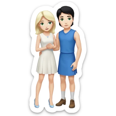 prince, standing upright, black Hair, blue eyes, garment,  woman, bending knee, sleveless white dress, blonde hair, green eyes, sticker