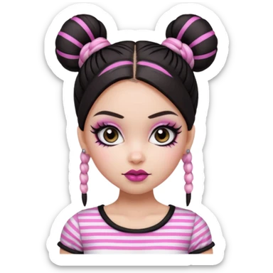 generate a pretty fair bratz girl with dark brown eyes. Dark brown hair straight hair with pink highlights tied into buns.  eyeliner. black lipstick. Black and white striped top.  sticker
