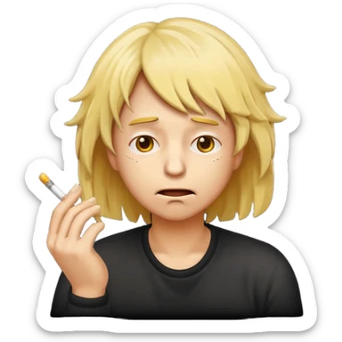 stressed classic yellow emoji looking down shaking head wearing a disheveled wig with a cigarette in hand sticker