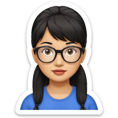 filipino woman black hair in one pony tail with straight bangs and big glasses, 50 yr old sticker