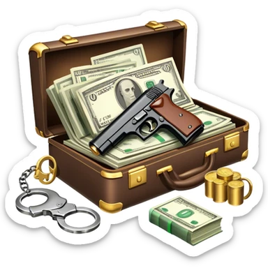 Icon for Action & Crime Reading: an open book, action-packed scenes, featuring a gun, handcuffs, a detective's badge and a briefcase with money. The icon should capture the tension and excitement of crime and action stories. Transparent background. sticker