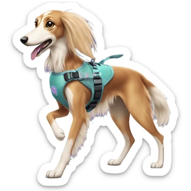 Fluffy dog saluki with tattoos and holographic harness running sticker