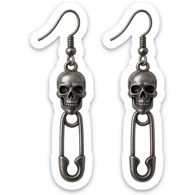 goth earrings with safety pin, punk gothic, metallic silver sticker