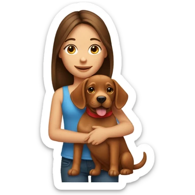 Brunette girl holding red lab dog sticker
