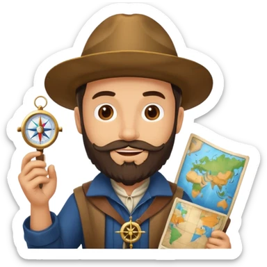 Magellan with a beard, holding a map and a compass, dressed in historical explorer attire, cheerful emoji style sticker