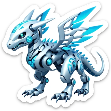 Futuristic mechanical modern badass cool shiny white with glowing cyan-blue animal Digimon Fakémon hybrid full body with intricate patterns sticker