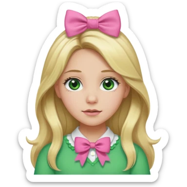 blonde girl long hair middle part, green eyes, pink bow and scrunchie sticker