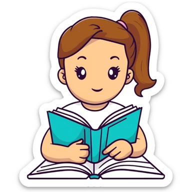 Cute girl with ponytail reading from an open notebook sticker