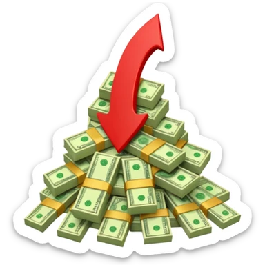 a pile of money with red arrow up sticker
