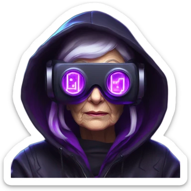 Russian old woman wearing a black hoodie with "OMG" letters on it and VR headset in a cyberpunk VR environment with violet neon lighting. sticker