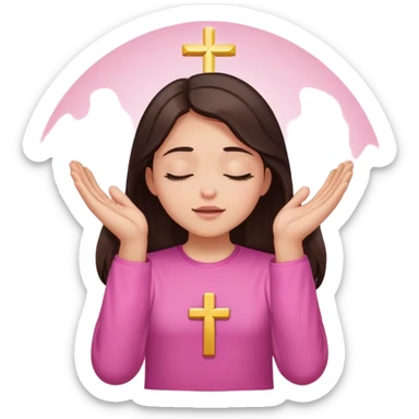 Girl long dark brown hair light medium skin worship God hands lifted eyes closed  pink shirt no cross sticker