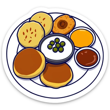 Small plate of Aloo Tikki Chaat with chickpeas, potato patties, yogurt and tamarind chutney sticker