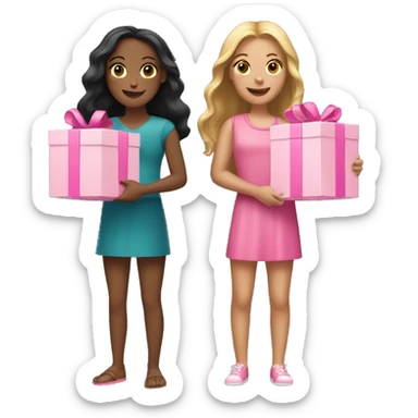 Two tan girls holding a pink boxes sticker
