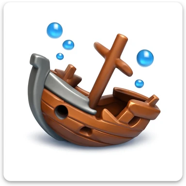 3D iPhone style emoji of a sunken shipwreck, metallic and wooden parts broken, lying underwater, surrounded by small bubbles, no trees, isolated on white background, soft shadows, high detail, playful and cute. sticker