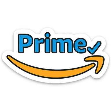 Add an Amazon Prime element such as a blue checkmark or 'Prime' swoosh to the Amazon smile arrow icon. Keep the style bold and recognizable with no background. sticker