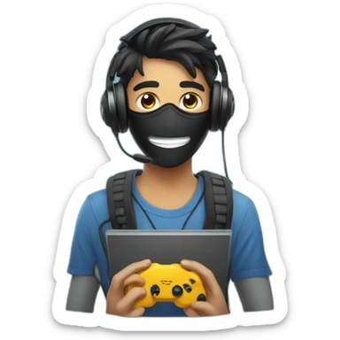 happy Indian teen gamer with gaming headphones and black mask with computer in background sticker