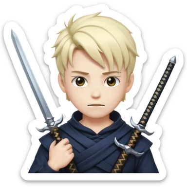 Way cooler with aura very aura and shadow on his face and adult face body Create me an anime character boy emoji looking very cool with swords on his hand sticker