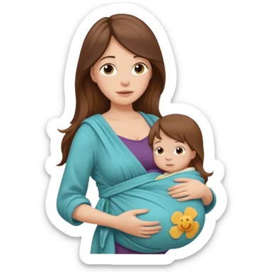Pregnancy babywearing mom with long brown hair and fair skin with a baby and wrap  sticker