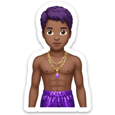 Prince Rogers Nelson with purple sequin baggy pants, shirtless with necklace, dark brown hair sticker