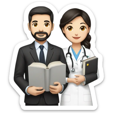 husband age 40 dark brown hair trimmed beard wearing dark business suit holding bible, wife asian age 40 black hair wearing nurse uniform, no children sticker
