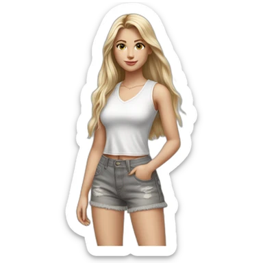 hyperrealist caucasian girl, long straight blonde hair, white v-neck laced crop tanktop, grey tight jean shorts, sneakers sticker