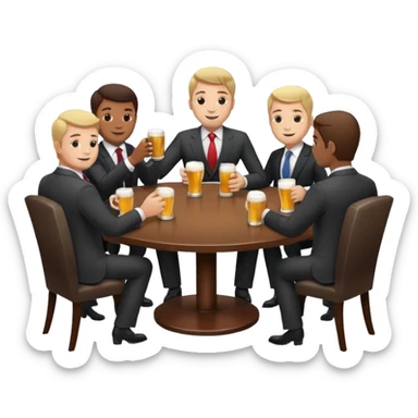 a business meeting of serious businessmen in suits at a round table, drinking beer. sticker
