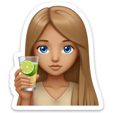 tan girl, long light brown straight hair, blue eyes, holding a shot with lime sticker
