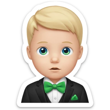 baby boy blue eyes, in suit, with green bow sticker