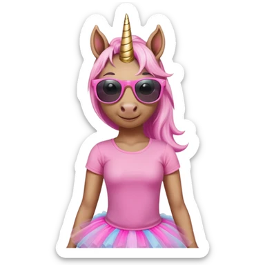 friendly anthropomorphised female unicorn with horse-like face, in tutu and pink t-shirt, wearing dark sunglasses, relaxed pose, close-crop head and shoulders portrait sticker