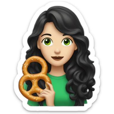 A Woman with green eyes and black wavy long hair eating a pretzel  sticker