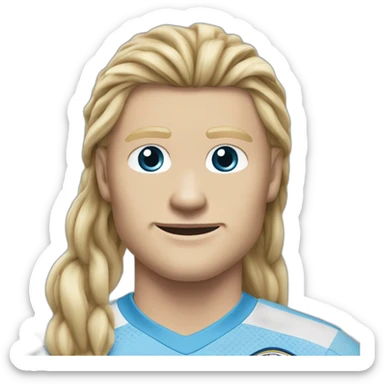 Realistic Erling Braut Haaland has long hair, in a catogan. He is wearing Manchester City football shirt.It has the numéro 9 sticker