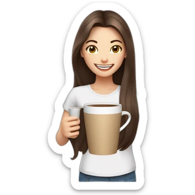 white young brunet woman with long hair with face visible huge smile and eyes wide open holding a cup of coffee the same size of her head sticker
