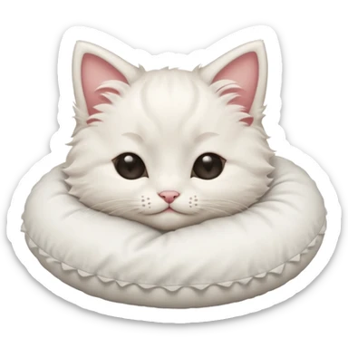 Stitch white fluffy kitten snuggling a pillow, cheeks rosy, eyes closed in > < shape sticker