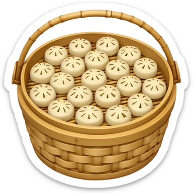 A bamboo steamer basket filled with tiny dumplings. sticker