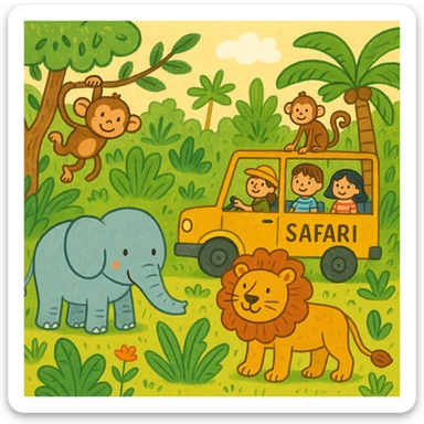 hand drawn digital illustration of jungle safari in the style of children's illustration sticker