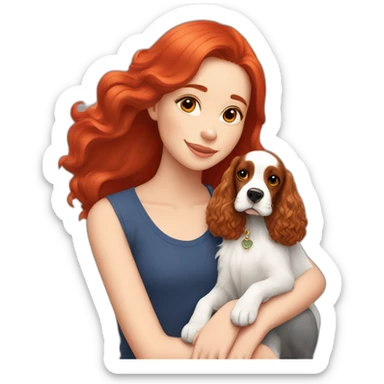 girl in long red hair sits with tricolor cocker spaniel sticker