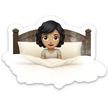 white girl with short black hair laying full body in a big bed with a beige comforter  sticker