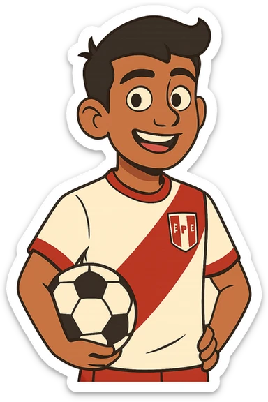 young Peruvian soccer player with red and white jersey, smiling, cartoon style sticker