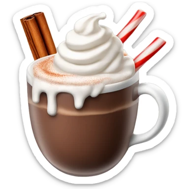 Hot chocolate with cinnamon stick and candy, cane, and whipped cream sticker