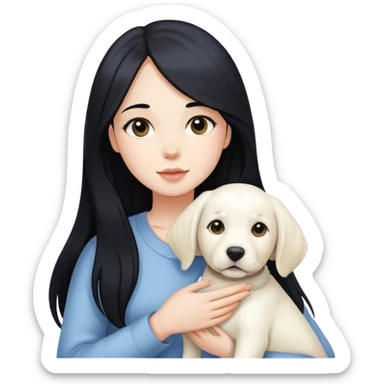 A beautiful girl with long black hair and fair skin is holding a white Labrador sticker