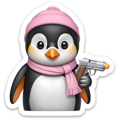 cute penguin wearing light pink bow scarf and holding light pink gun  sticker